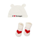 White I Love Hugs Cap & Socks Set